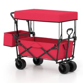 Foldable Utility Wagon,Adjustable Handle Outdoor Wagon, Puncture-Proof Wheels With Brakes, Removable Bag & Side Pockets-Red (Options: defaulttitle)