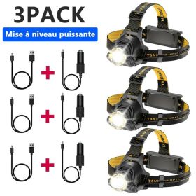 LED Headlamp Rechargeable Head Torch Zoom Headlight Lamp Powerful Flashlight Fishling Driving Camping Light With 3 Modes Work Light (Options: 3PACK)