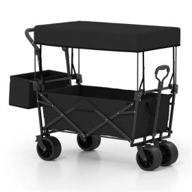Foldable Utility Wagon,Adjustable Handle Outdoor Wagon, Puncture-Proof Wheels With Brakes, Removable Bag & Side Pockets-Black (Options: defaulttitle)