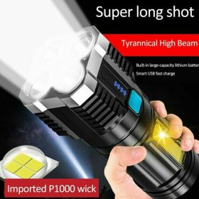 POWERFUL Tactical Quad-Core Super Bright Torch LED Flashlight USB Rechargeable Camping (Options: Black)