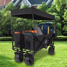 Foldable Wagon With Removable Canopy & Cooler Bag - Heavy Duty Collapsible Wagon Utility Cart With 4inch All-Terrain Wheels For Camping Beach Gar (Options: Black)