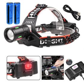 LED Headlamp USB Rechargeable Head Torch Zoom Headlight Lamp Super Bright Flashlight Work Light 3 Modes With 2 Li-ion Batteries (Options: 1PACK)